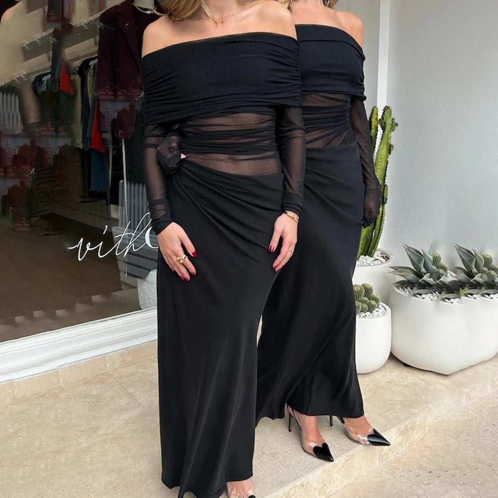 Vestido maxi de malha transparente e mangas compridas Lizy