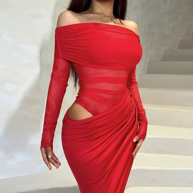 Vestido maxi de malha transparente e mangas compridas Lizy