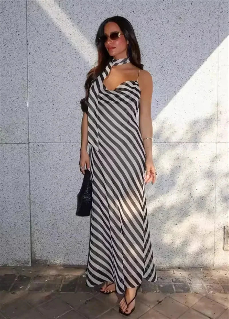 Vestido maxi com lenço às riscas Lola