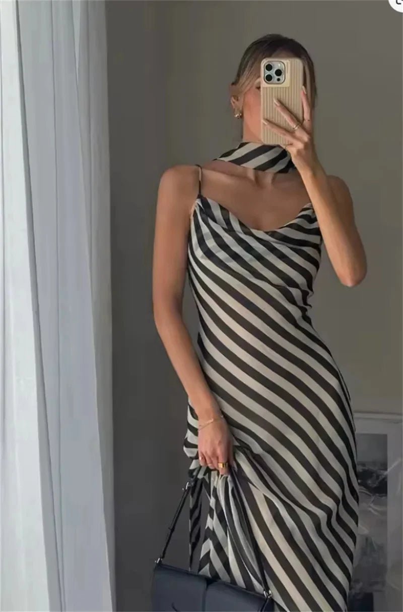 Vestido maxi com lenço às riscas Lola