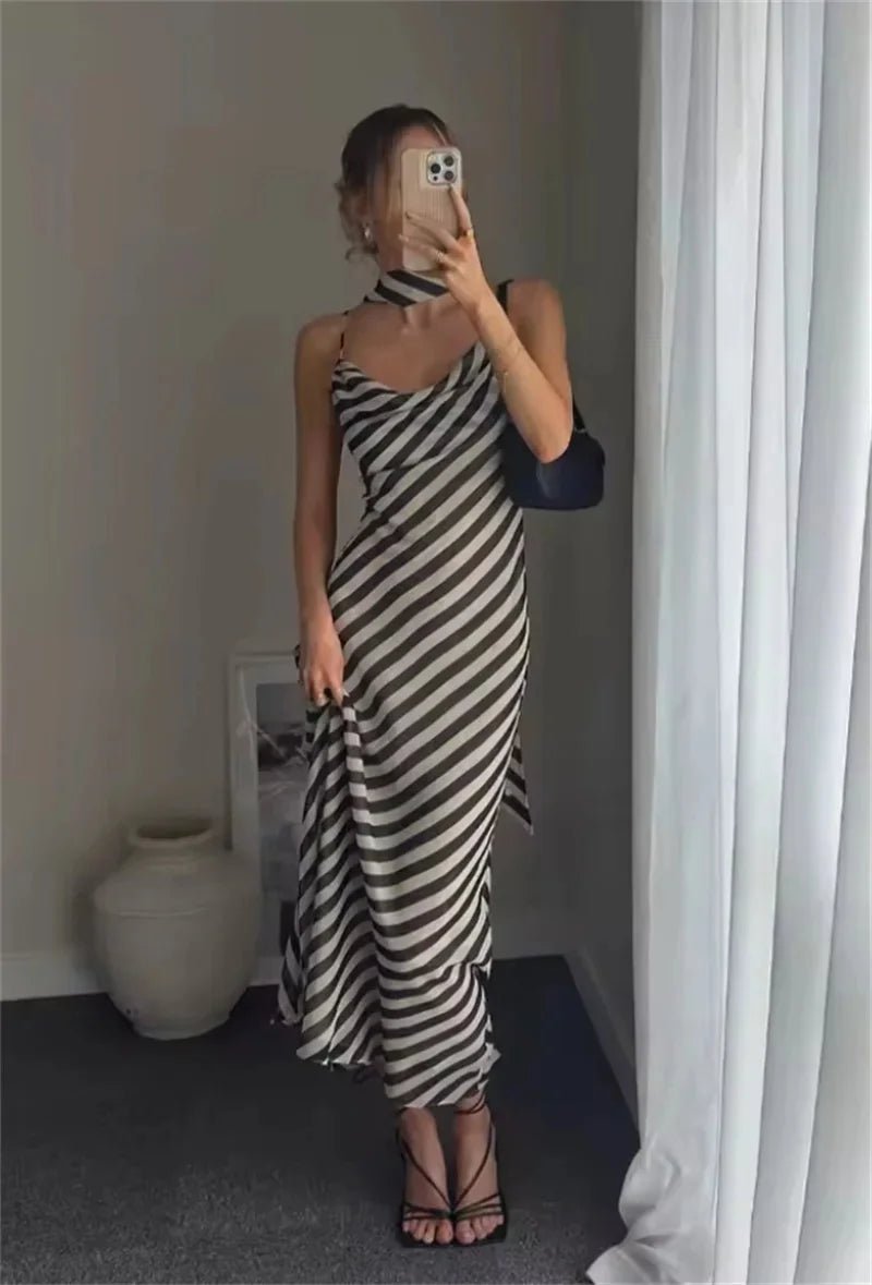 Vestido maxi com lenço às riscas Lola