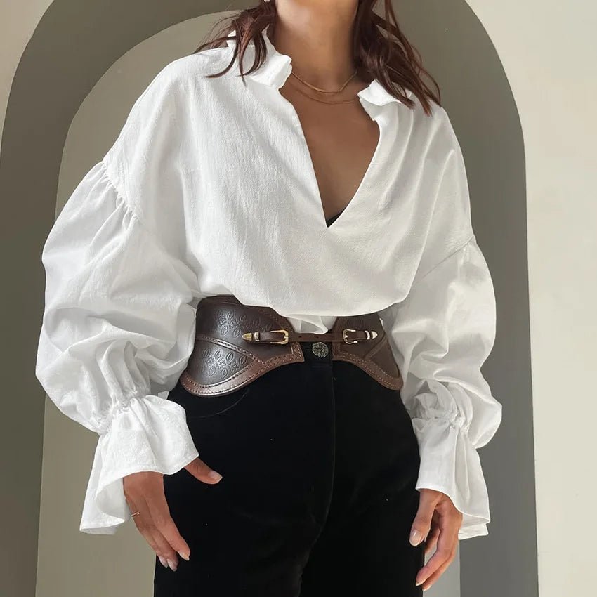 Blusa de manga comprida balão com decote em V Lola