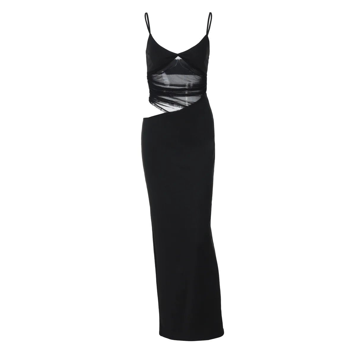 Vestido comprido Lorraine com recortes e tecido transparente