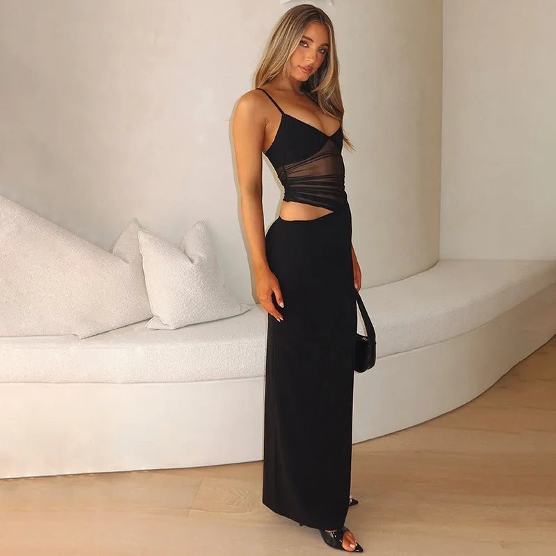 Vestido comprido Lorraine com recortes e tecido transparente