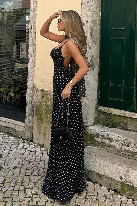 Vestido comprido Madeline sem costas com padrão de bolinhas