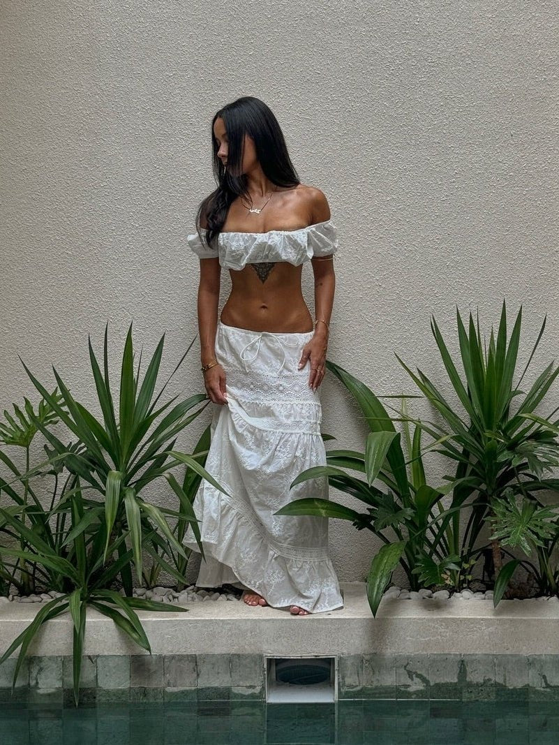 Conjunto de top curto e saia maxi boémio Margot