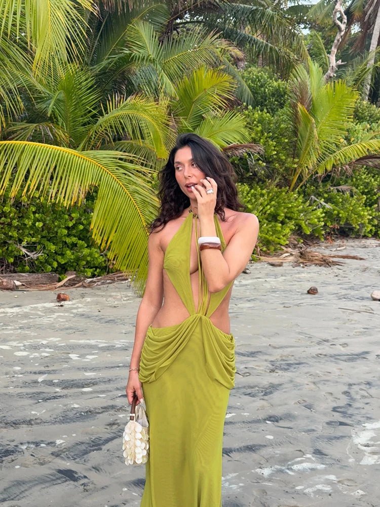Vestido comprido drapeado e decotado nas costas Margot