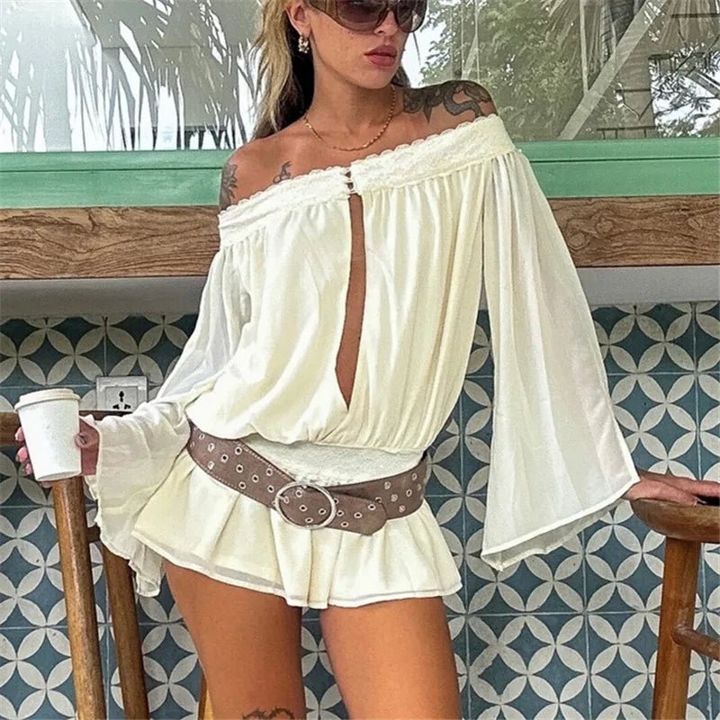 Macacão Melanie em chiffon com ombros descobertos