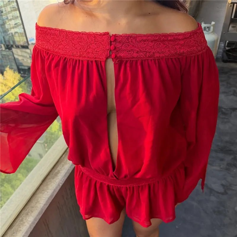 Macacão Melanie em chiffon com ombros descobertos