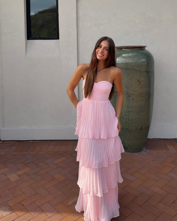 Vestido comprido plissado em camadas sem alças Michelle
