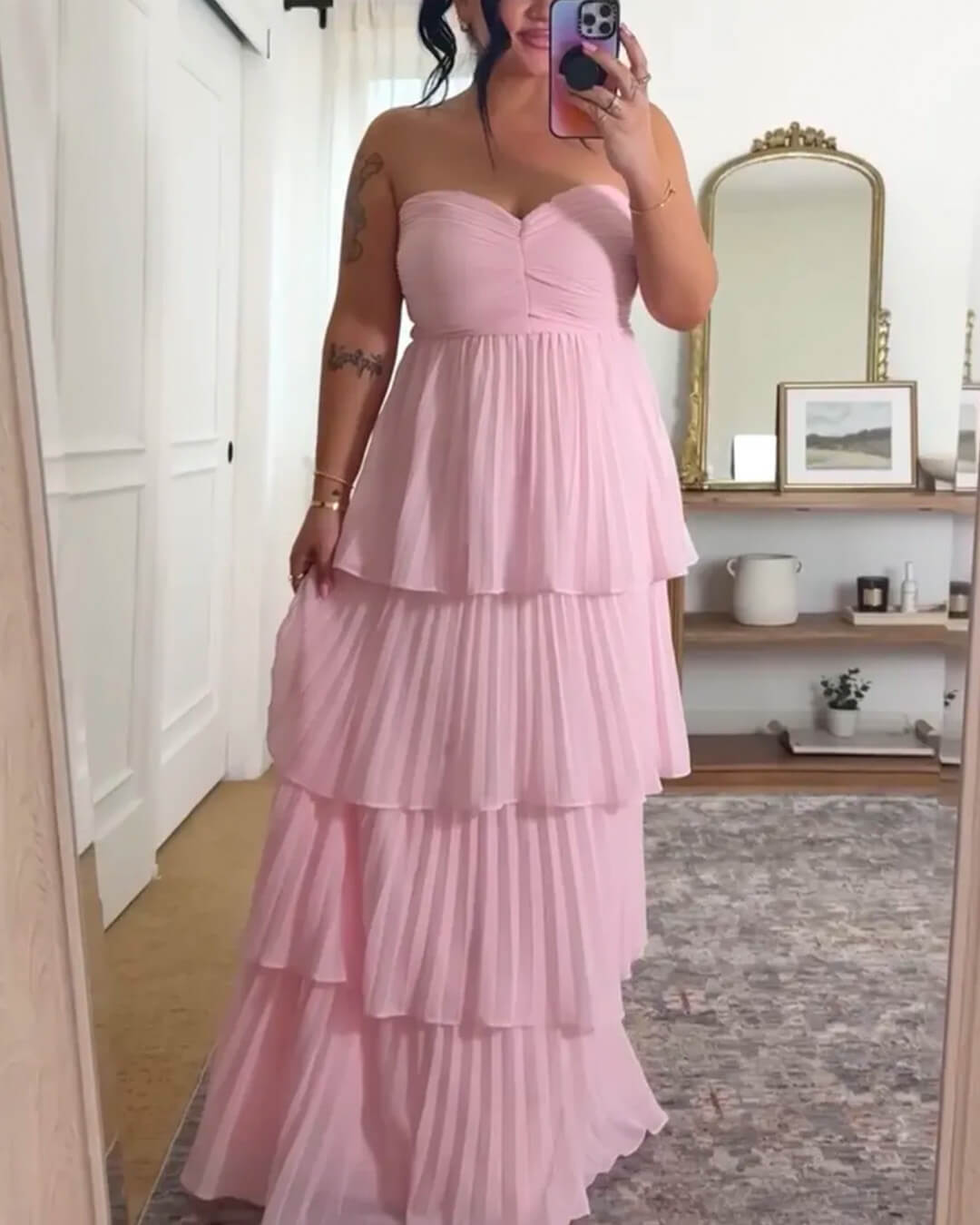 Vestido comprido plissado em camadas sem alças Michelle