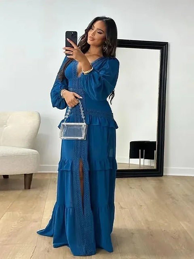 Vestido maxi Molly com decote em V profundo e folhos