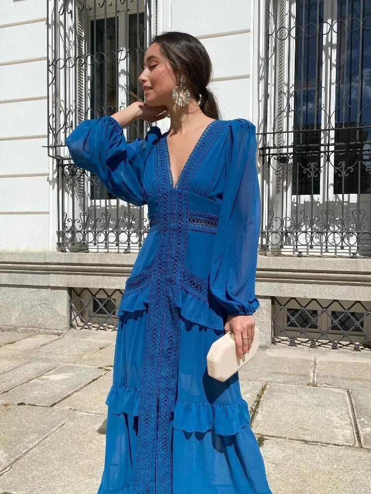 Vestido maxi Molly com decote em V profundo e folhos