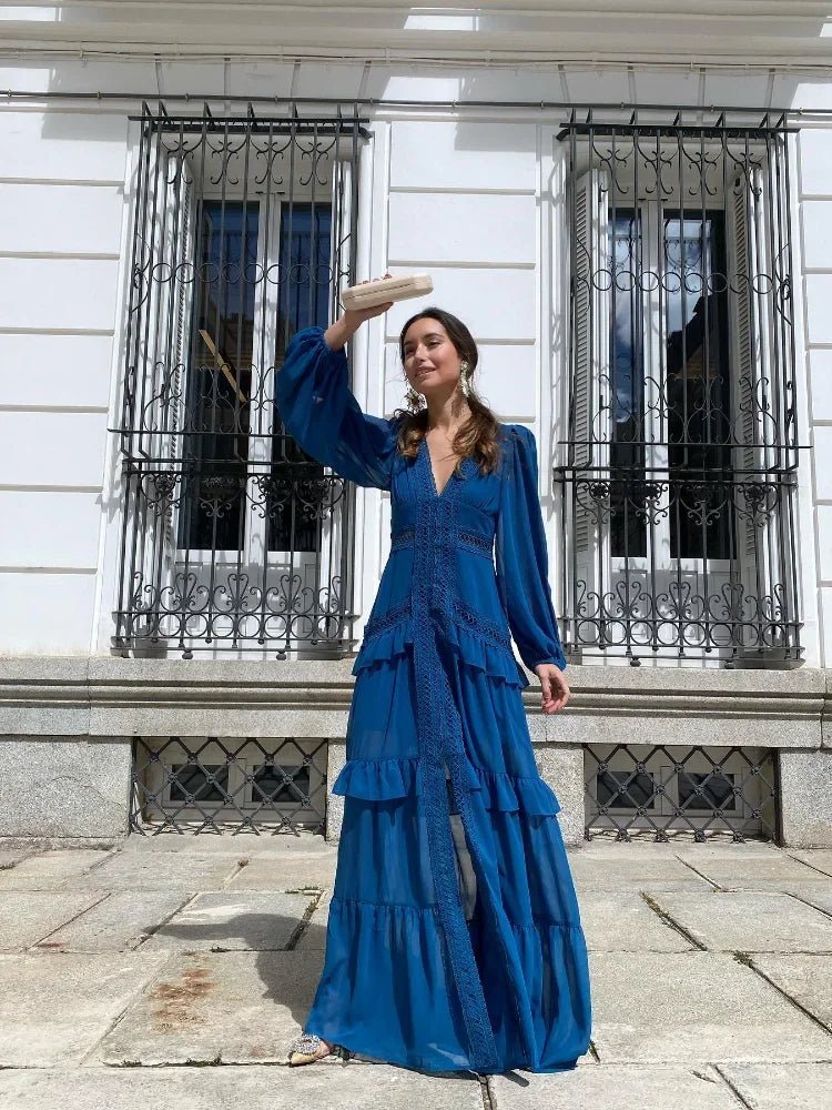 Vestido maxi Molly com decote em V profundo e folhos