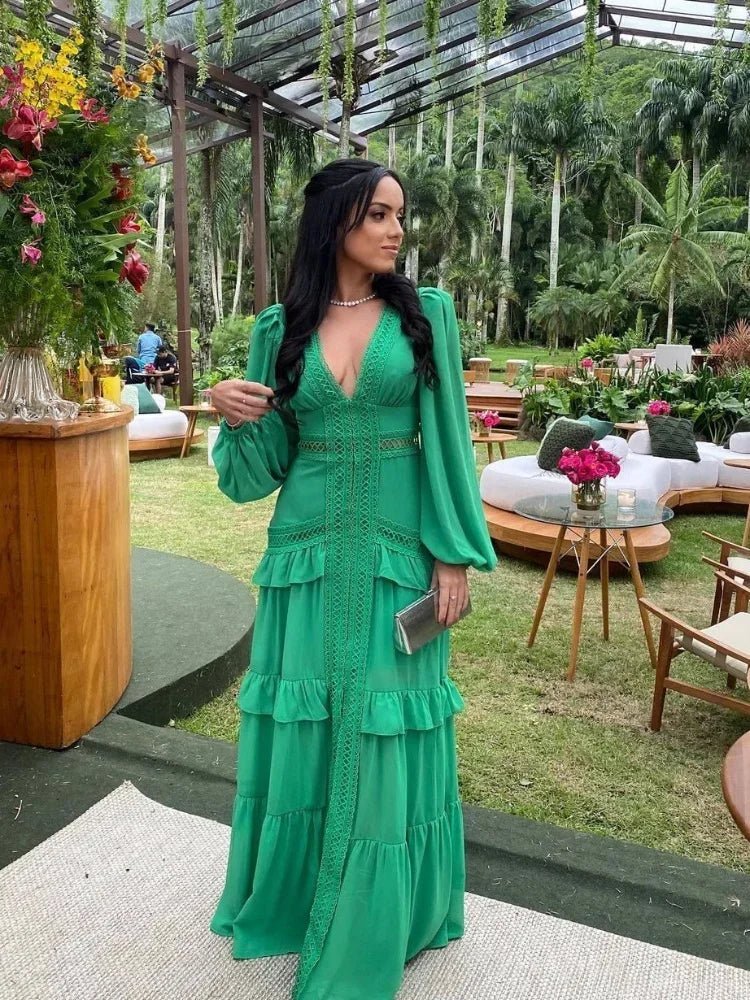 Vestido maxi Molly com decote em V profundo e folhos