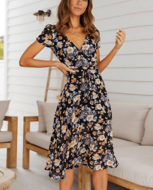 Vestido midi Mona com decote em V e padrão floral
