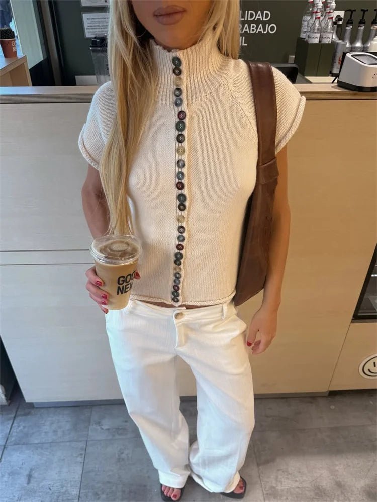 Top de malha canelada com botões Nadia