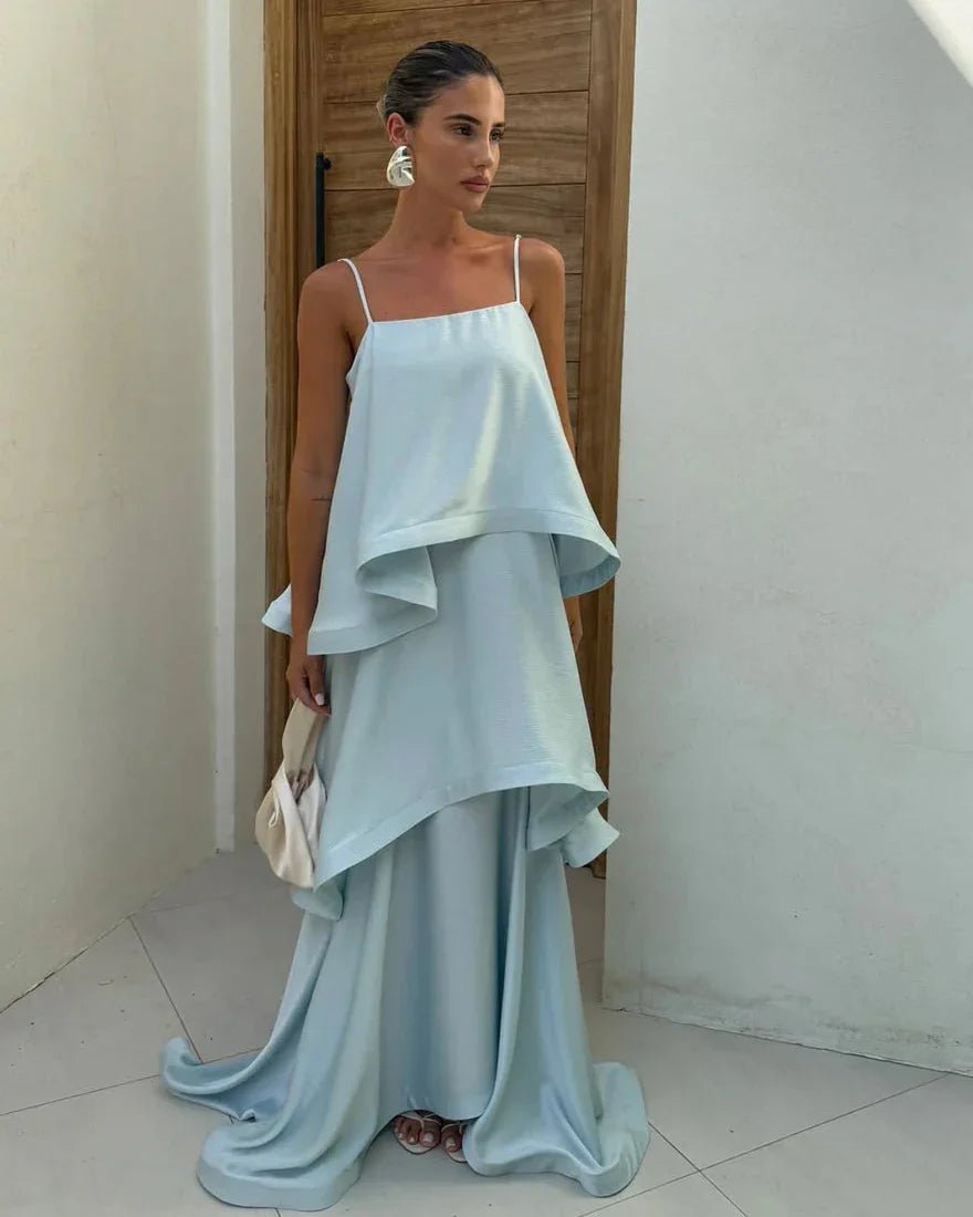 Vestido comprido de cetim com folhos em camadas Nadia