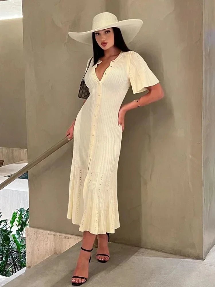 Vestido midi de malha plissado Ninon com mangas boca de sino