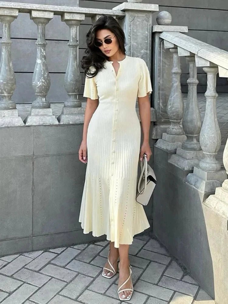 Vestido midi de malha plissado Ninon com mangas boca de sino