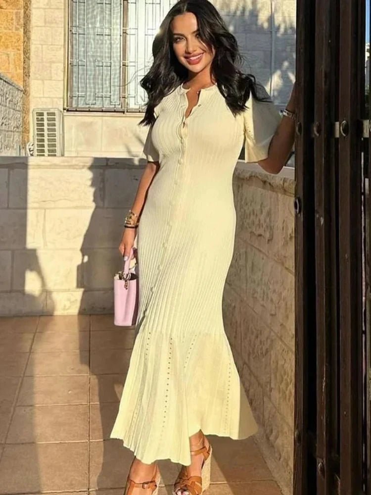 Vestido midi de malha plissado Ninon com mangas boca de sino
