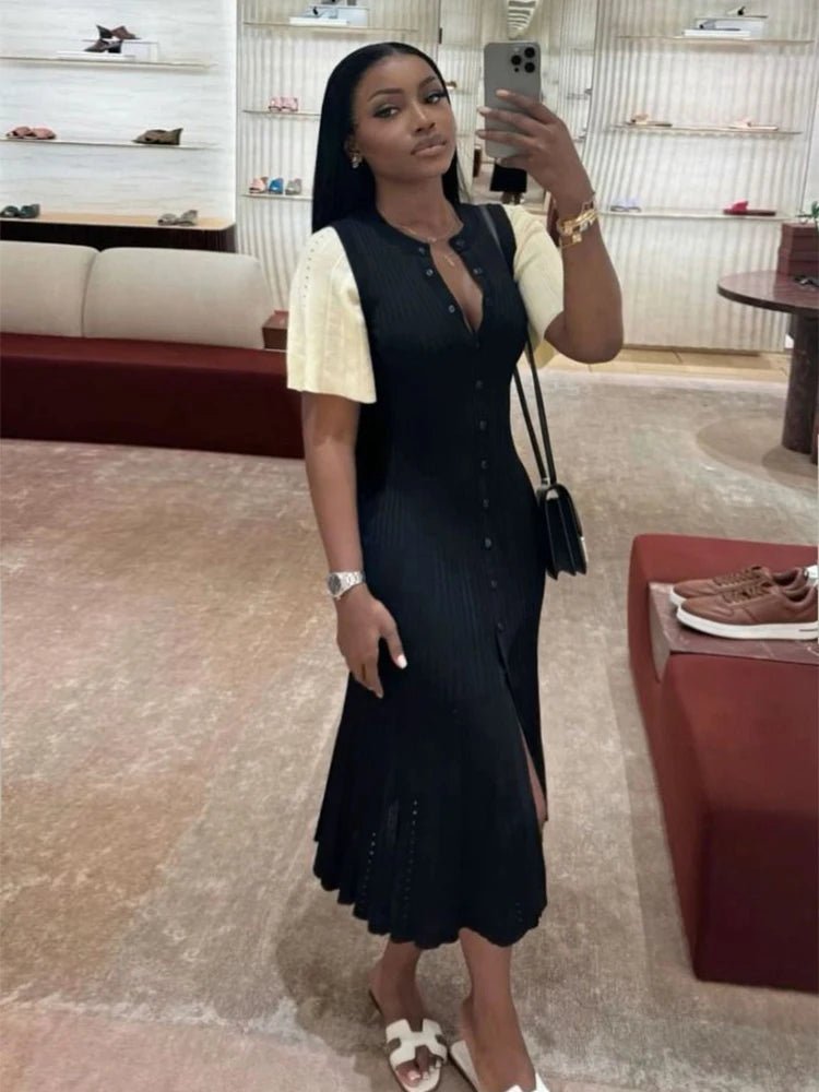 Vestido midi de malha plissado Ninon com mangas boca de sino