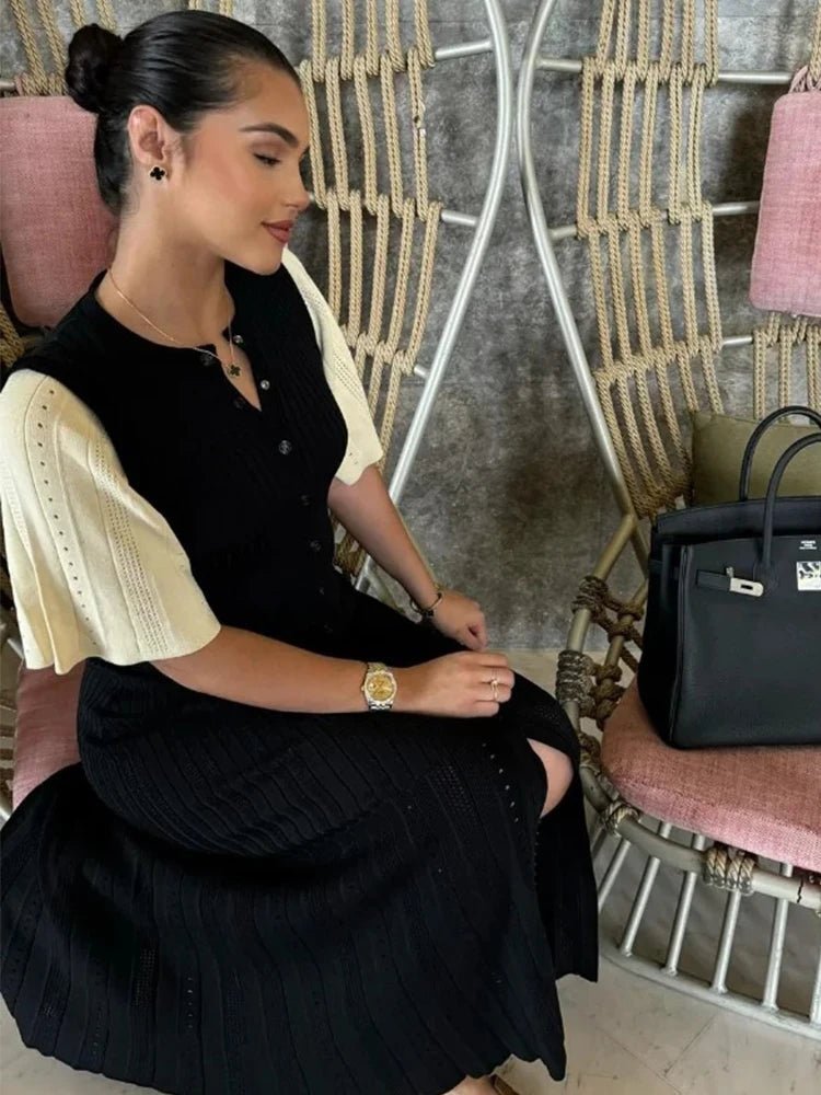 Vestido midi de malha plissado Ninon com mangas boca de sino