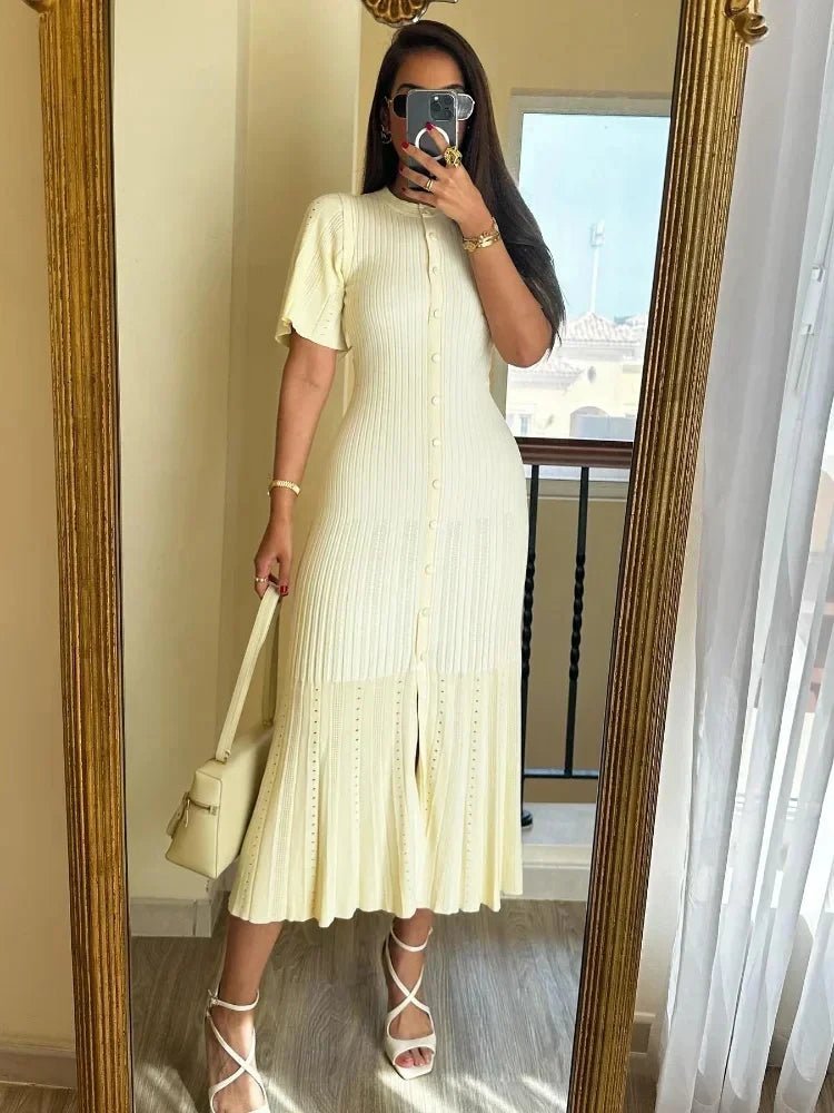 Vestido midi de malha plissado Ninon com mangas boca de sino