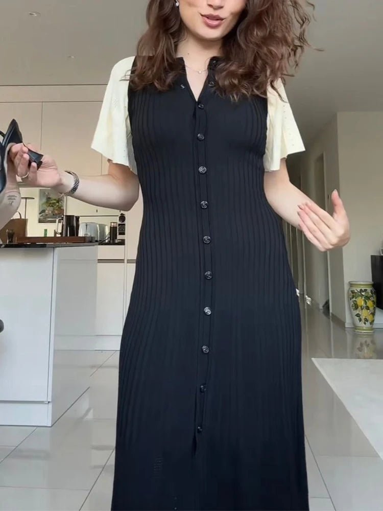 Vestido midi de malha plissado Ninon com mangas boca de sino
