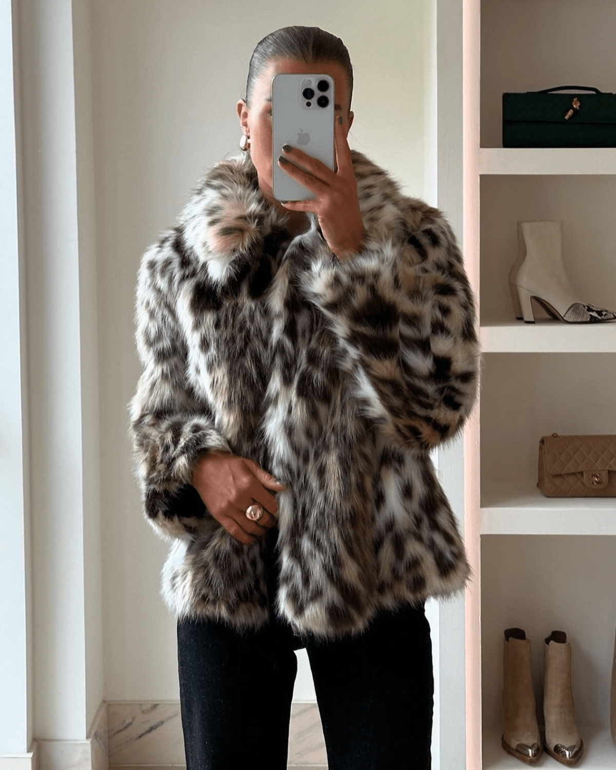 Casaco em pelo sintético com padrão leopardo Nora