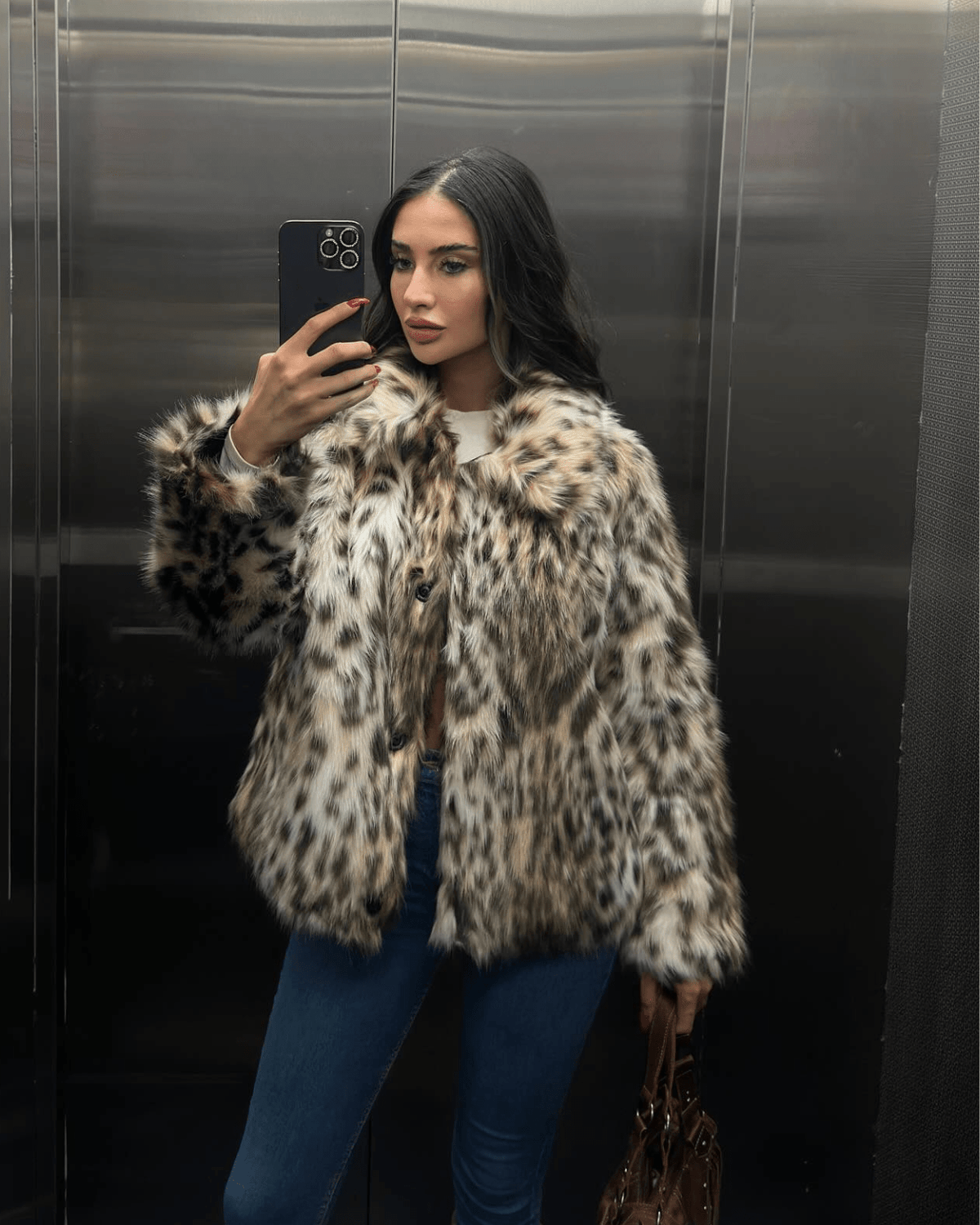 Casaco em pelo sintético com padrão leopardo Nora