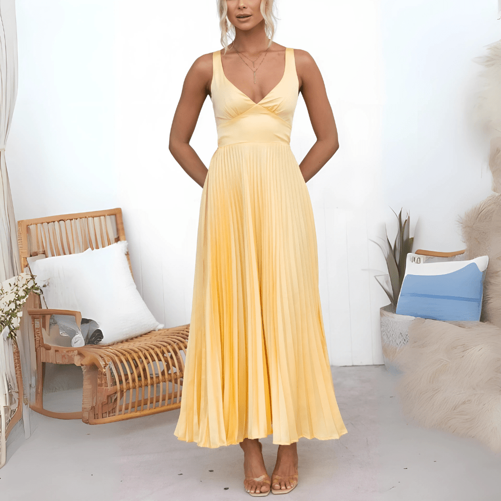 Vestido comprido de verão fluido e plissado Olivia