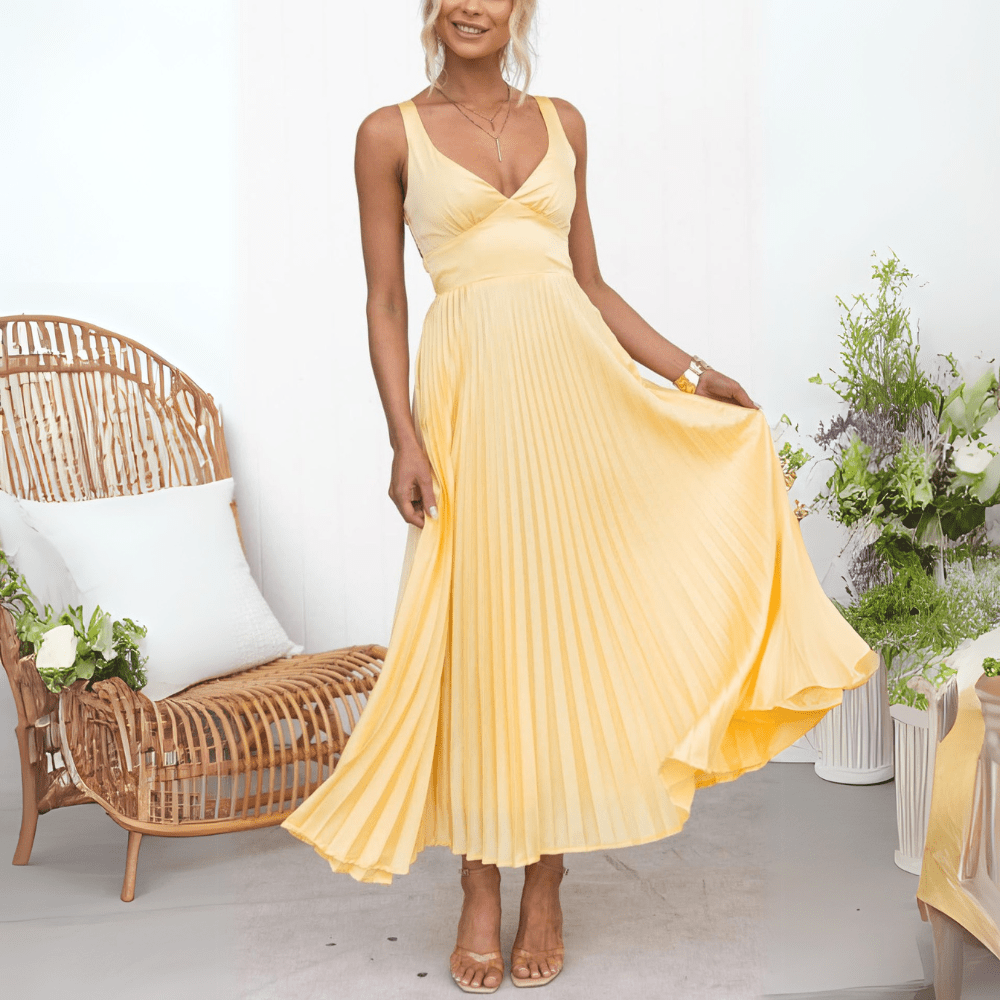 Vestido comprido de verão fluido e plissado Olivia