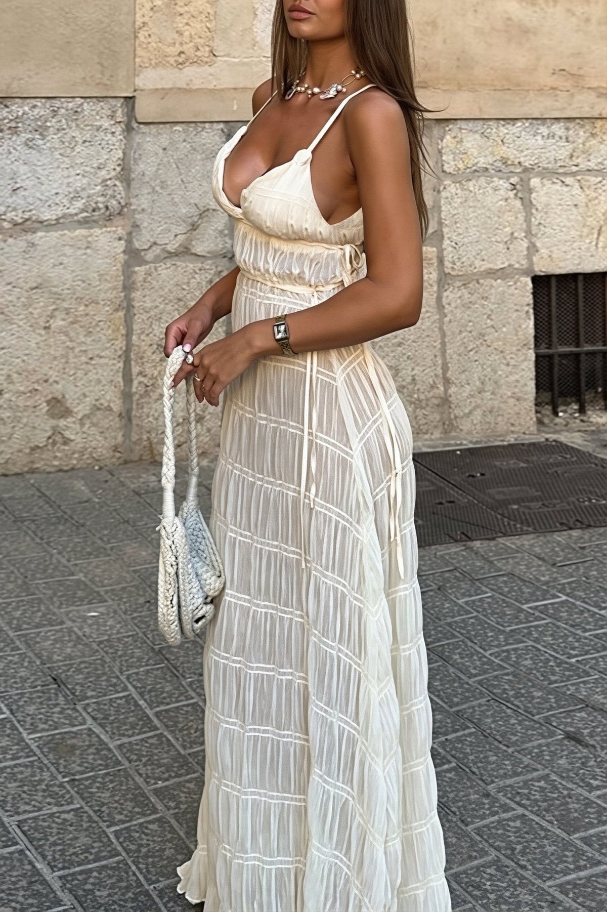 Vestido comprido de malha canelada Olivia
