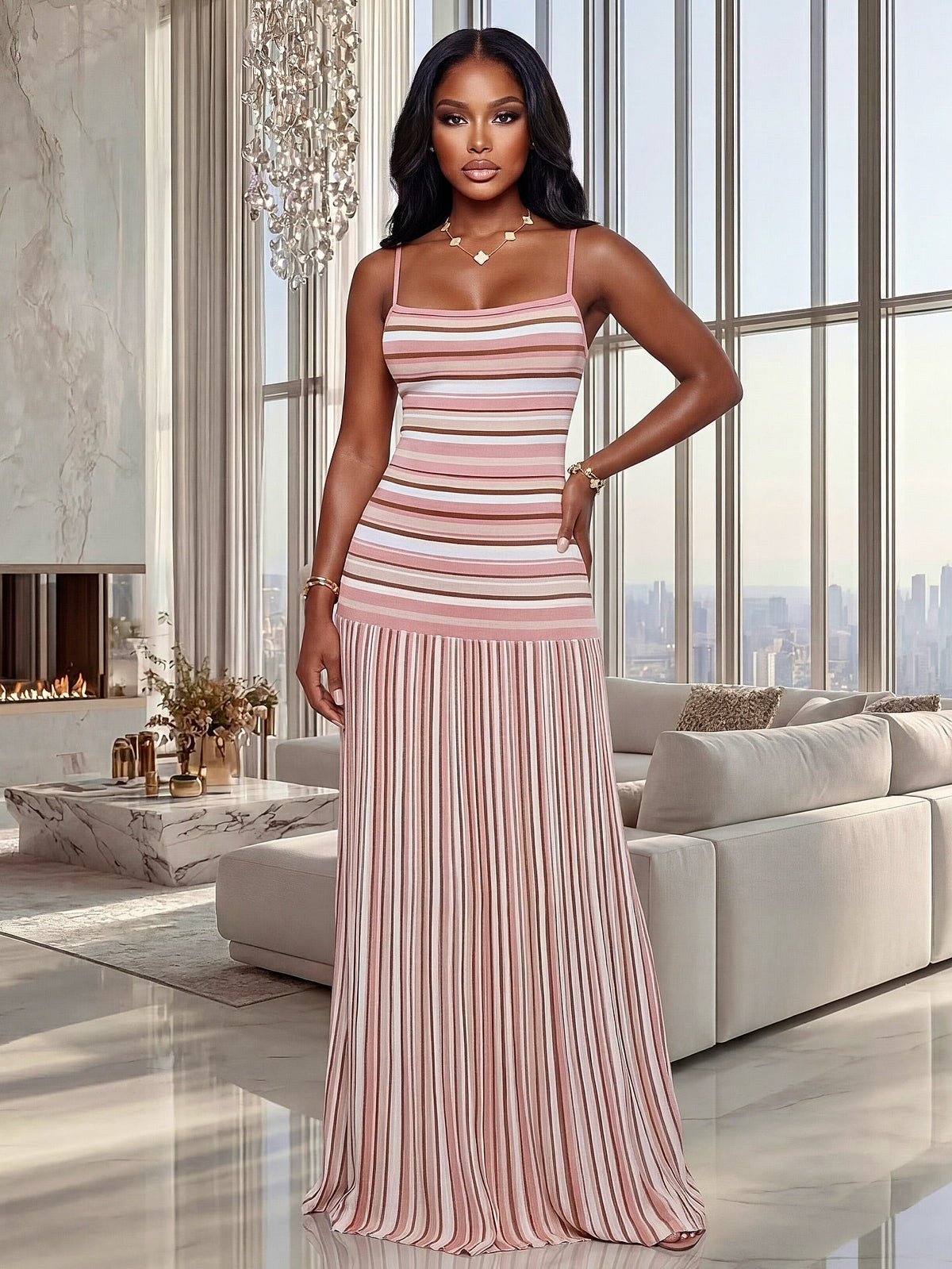 Vestido maxi às riscas com alças finas Olivia