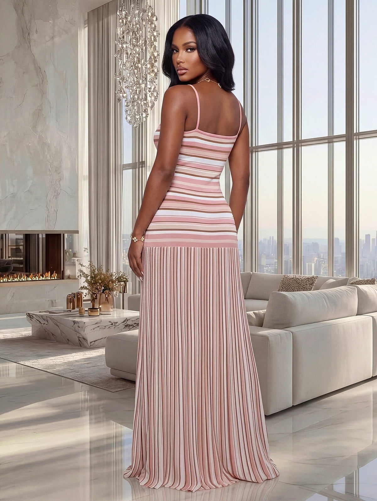 Vestido maxi às riscas com alças finas Olivia