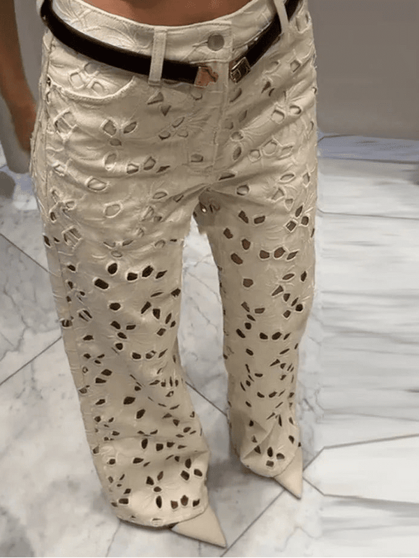 Rachel Hollow-Out Denim High Waist Straight Jeans
