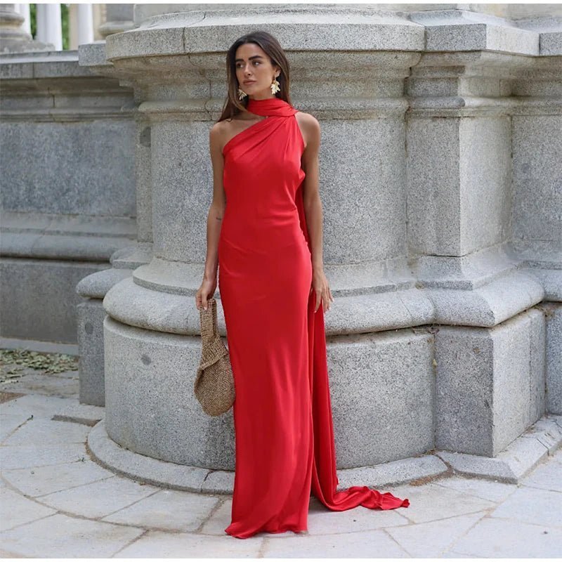 Vestido de noite Raisa em cetim, com laço e costas descobertas