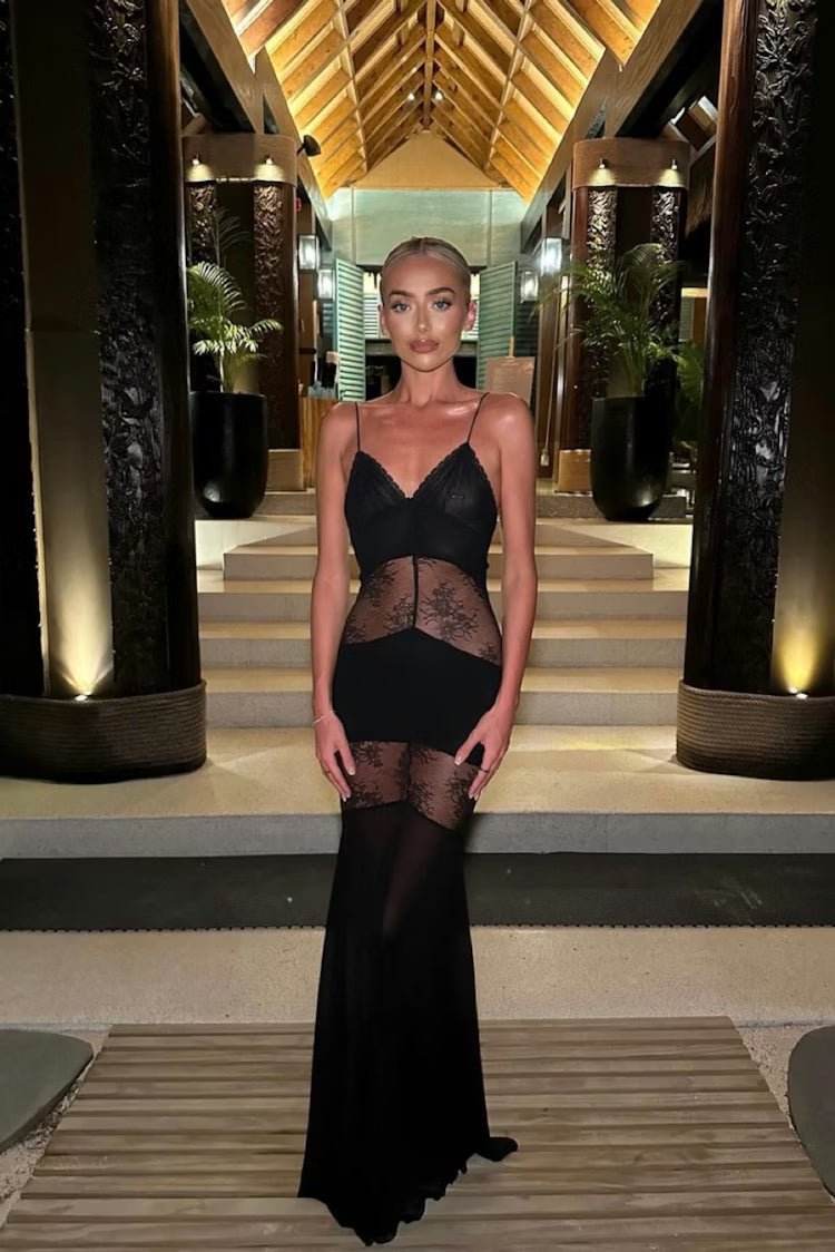 Vestido comprido Ravenna de renda transparente com alças