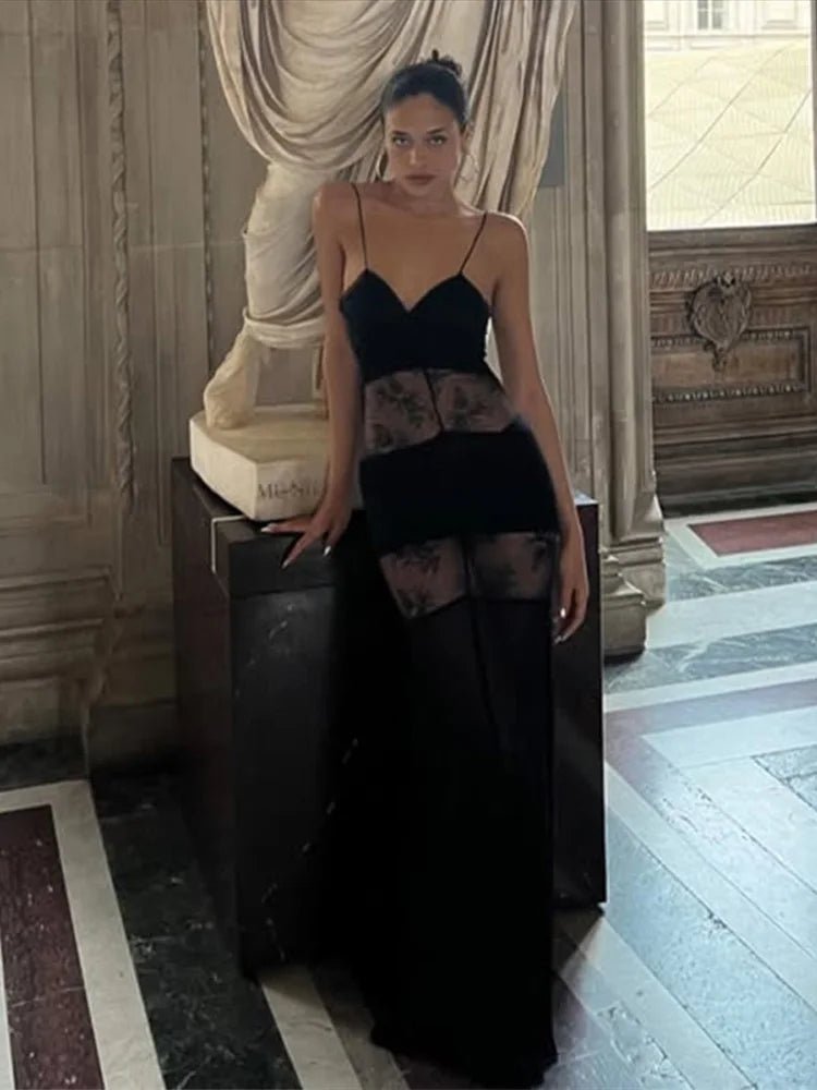 Vestido comprido Ravenna de renda transparente com alças