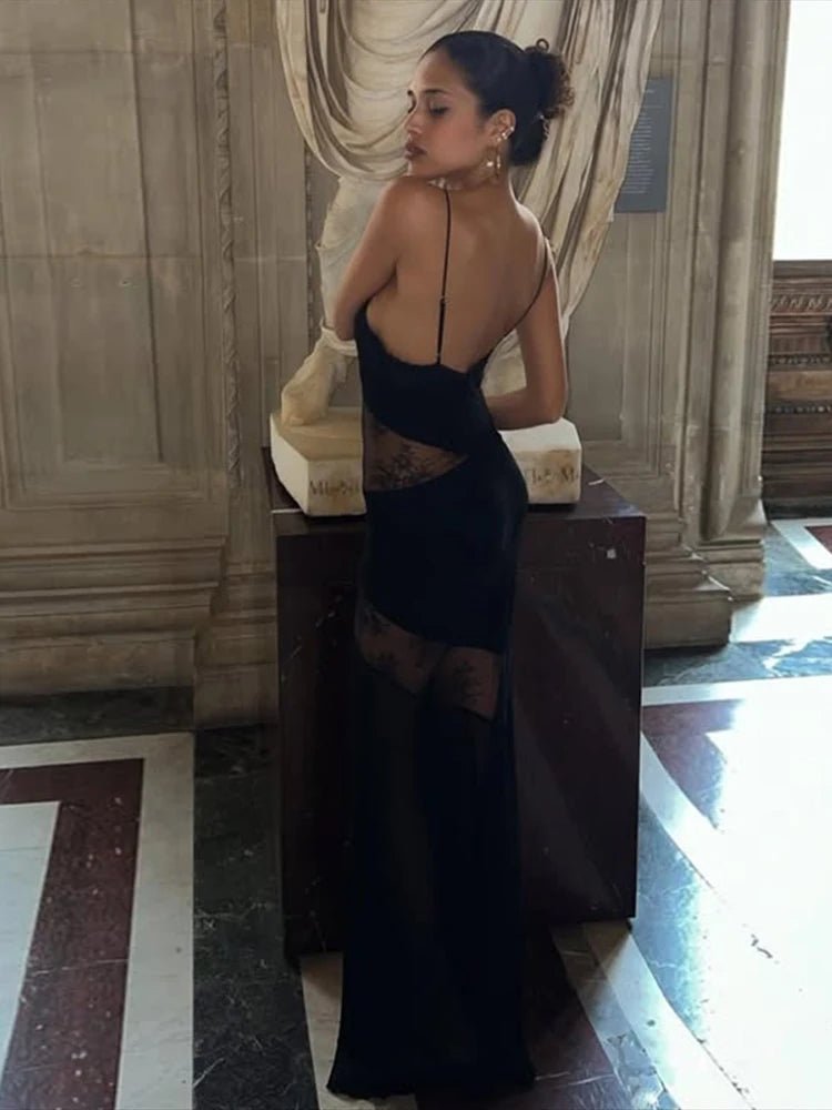 Vestido comprido Ravenna de renda transparente com alças