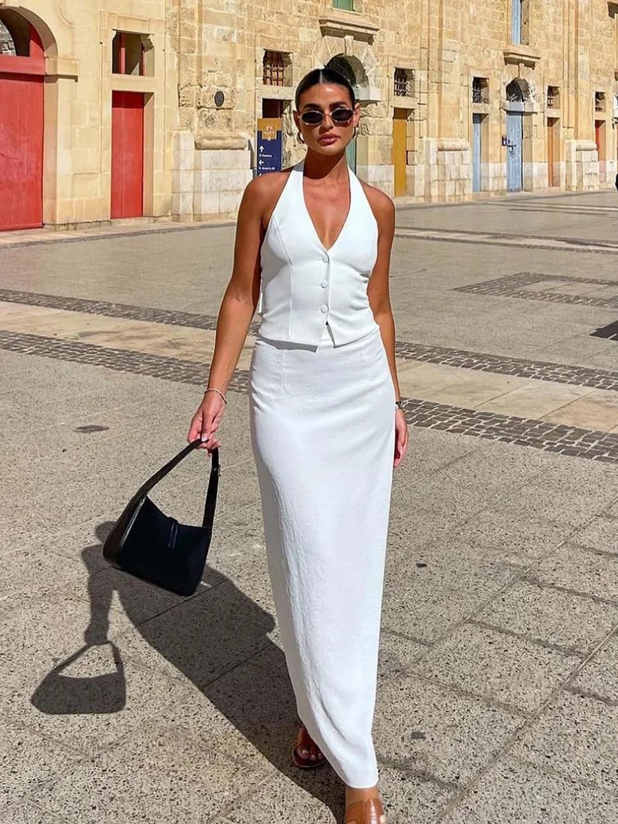 Conjunto Reese de colete e saia com decote halter