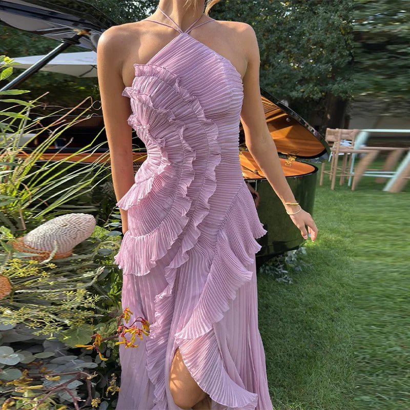 Vestido de cerimónia em linha A com decote halter Renata