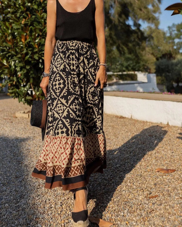Rhea Boho Printed Midi Swing Skirt