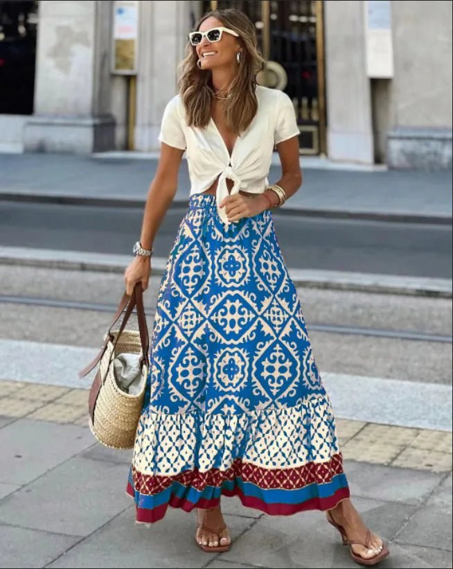 Rhea Boho Printed Midi Swing Skirt
