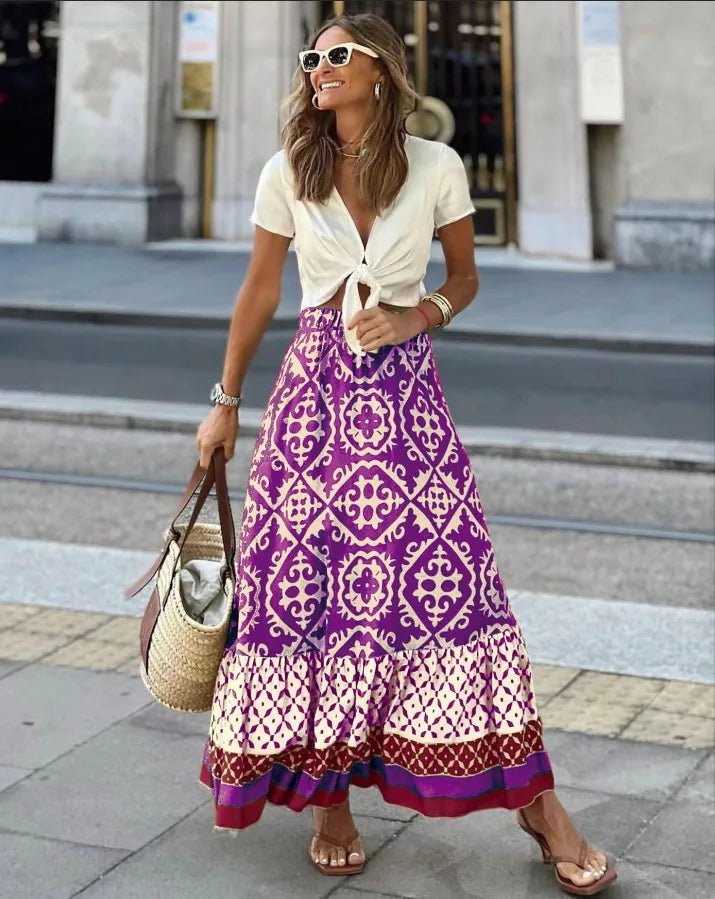 Rhea Boho Printed Midi Swing Skirt