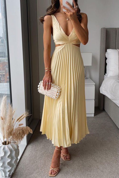 Vestido comprido sem mangas com recorte e decote em V Rona