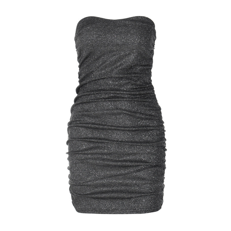 Vestido curto franzido com brilhos Nika