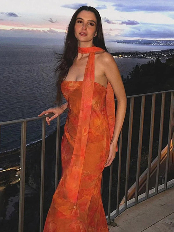Vestido comprido de malha transparente e sem alças Sabrina