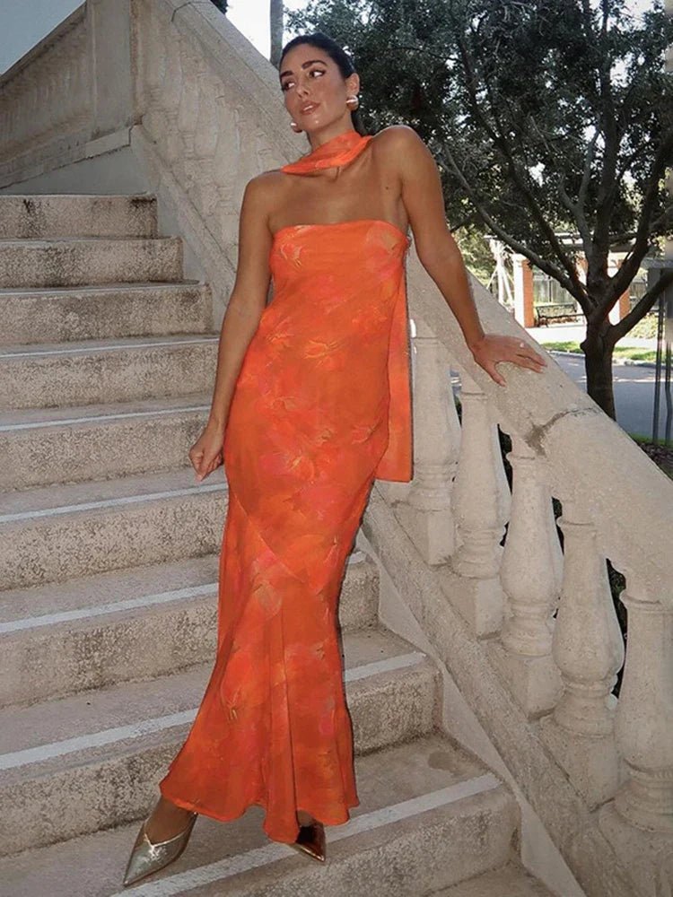 Vestido comprido de malha transparente e sem alças Sabrina